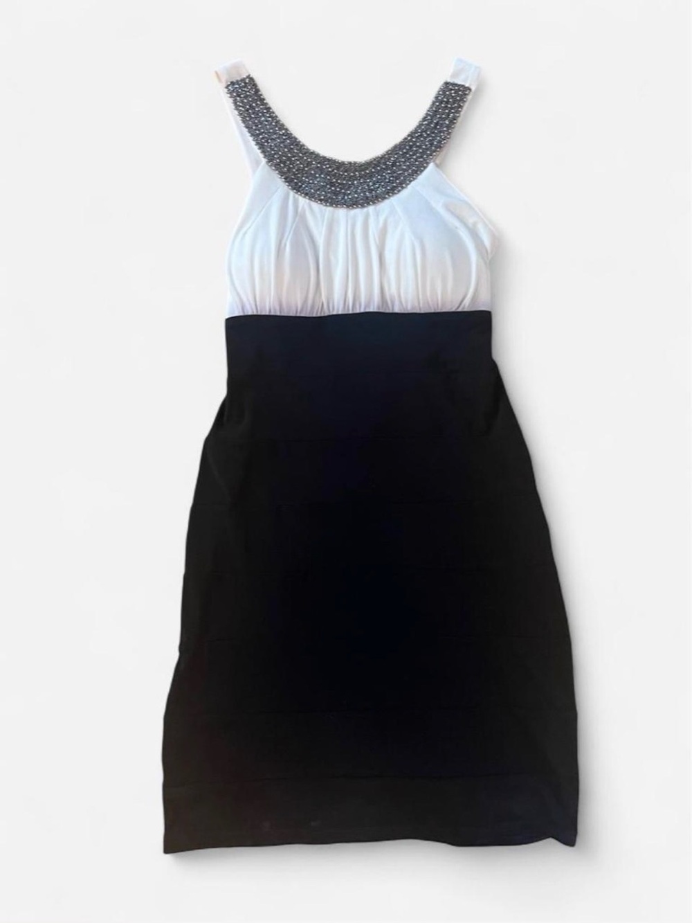 Black&White Colorblock Cocktail Dress Silver Beaded Neckline Empire Waist